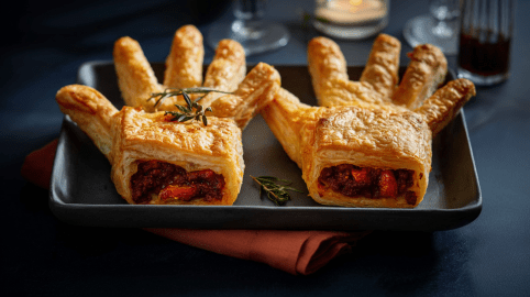 Zwei Blätterteighände mit Tomaten-Fleischfüllung auf einem Tablett. Darunter liegt eine rote Stoffserviette. Im Hintergrund sind Gläser zu sehen.