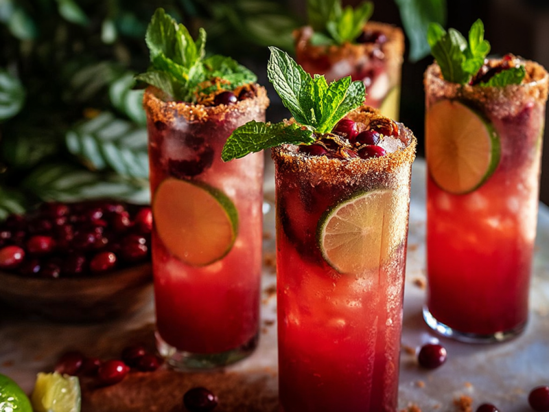 Vier Gläser mit Blutorangen-Cranberry-Mojito, garniert mit Zuckerrand und frischer Minze als Deko.