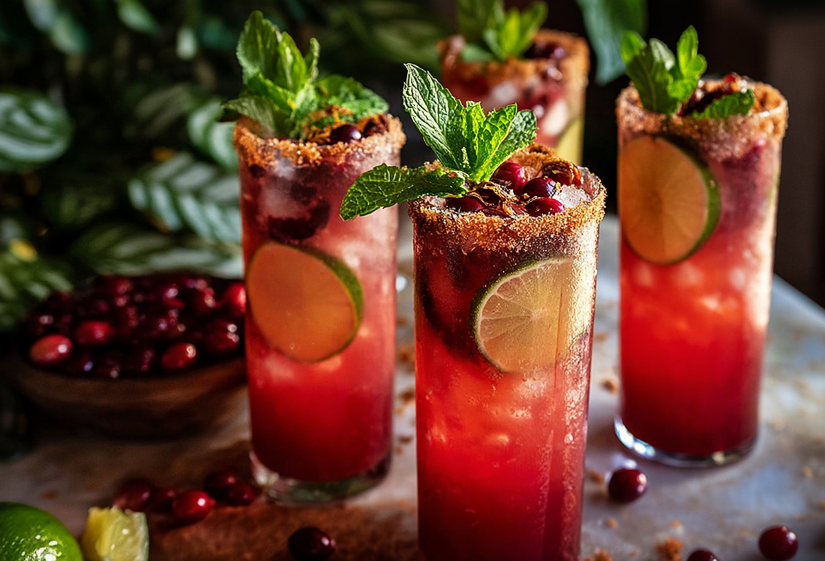 Vier Gläser mit Blutorangen-Cranberry-Mojito, garniert mit Zuckerrand und frischer Minze als Deko.