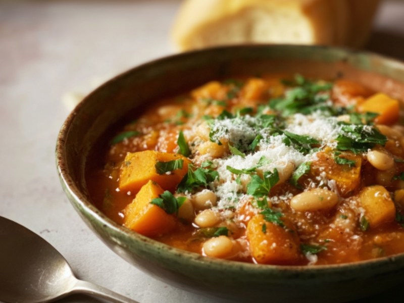 Eine Schüssel Kürbis-Bohnen-Eintopf mit Parmesan.
