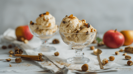 Zwei Schalen Bratapfel-Eis auf einem dekorierten Tisch. Das erste steht im Vordergrund, das zweite weiter im Hintergrund. Auf dem Tisch liegen Äpfel, Zimtstangen und Haselnüsse verteilt.
