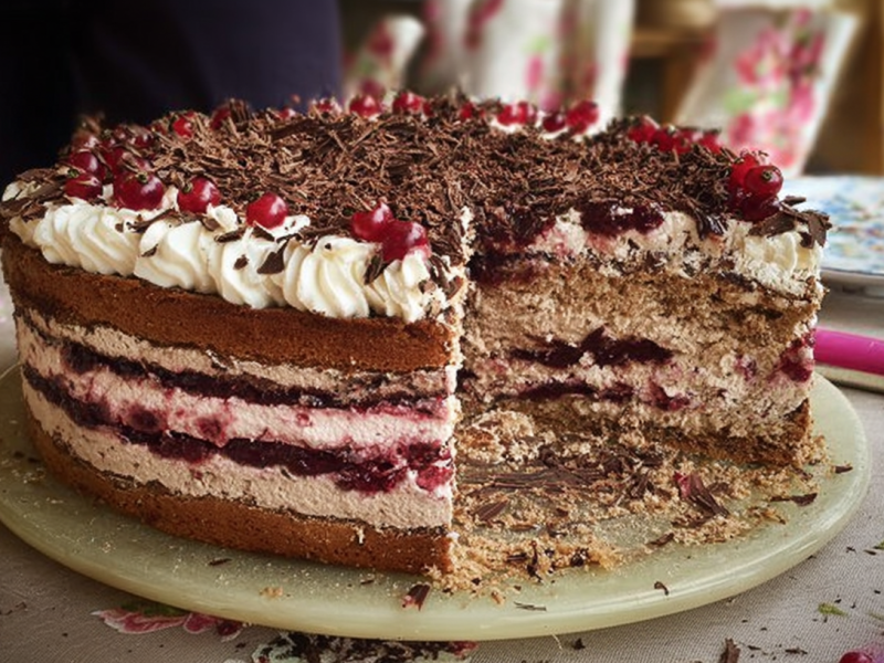 Buchweizentorte aus der Lüneburger Heide, angeschnitten auf einer Platte.