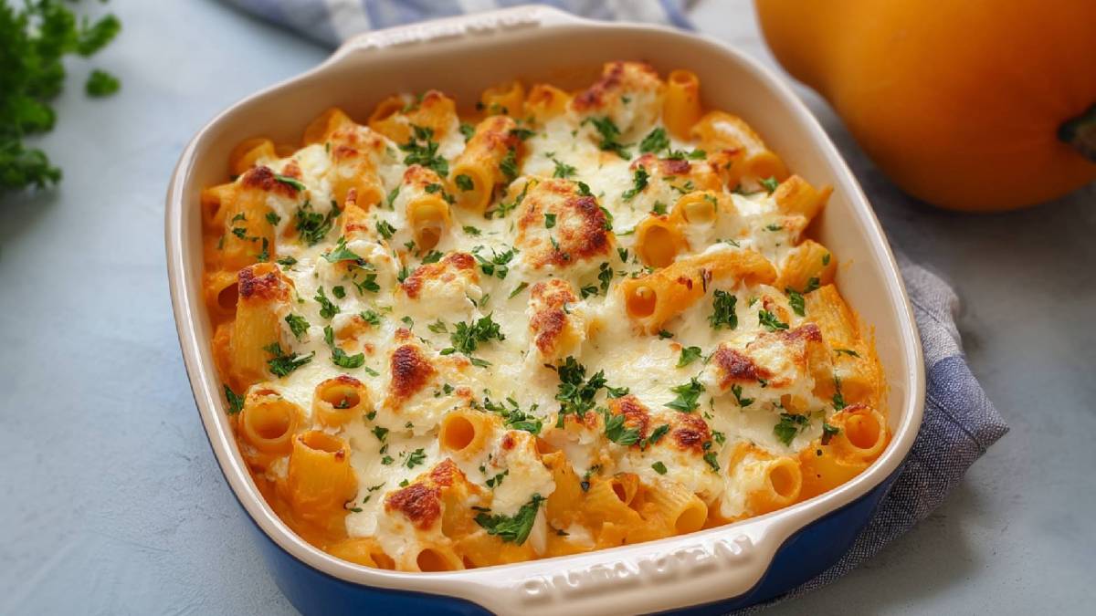 Auflaufform mit Butternut-Nudelauflauf mit Ricotta