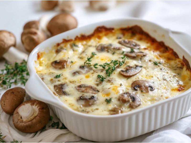 Auflaufform mit Champignon-Gratin mit Béchamelsoße