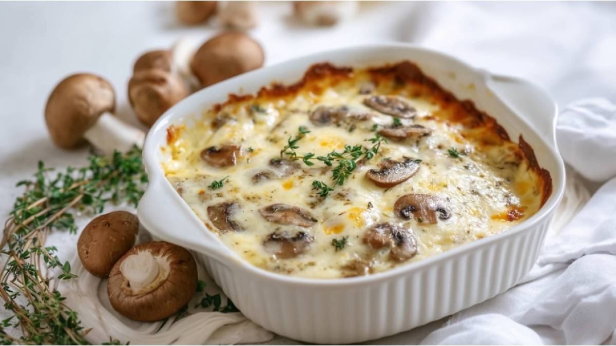 Auflaufform mit Champignon-Gratin mit Béchamelsoße