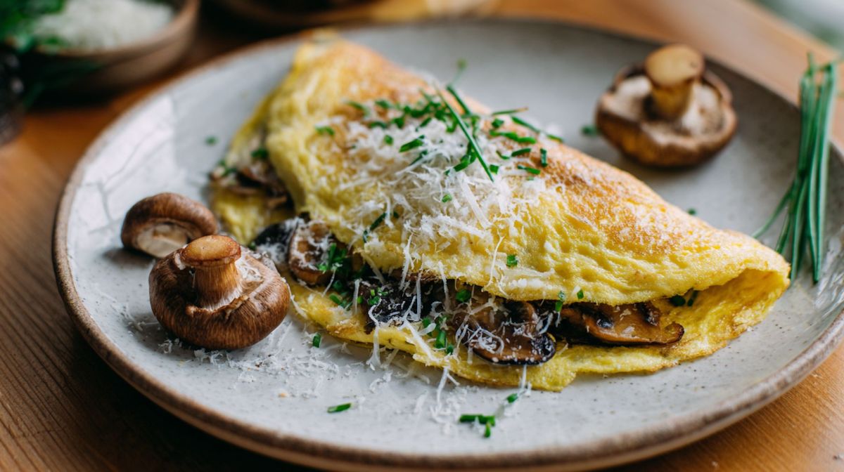 Champignon-Omelett mit Bergkäse auf einem weißen Teller.