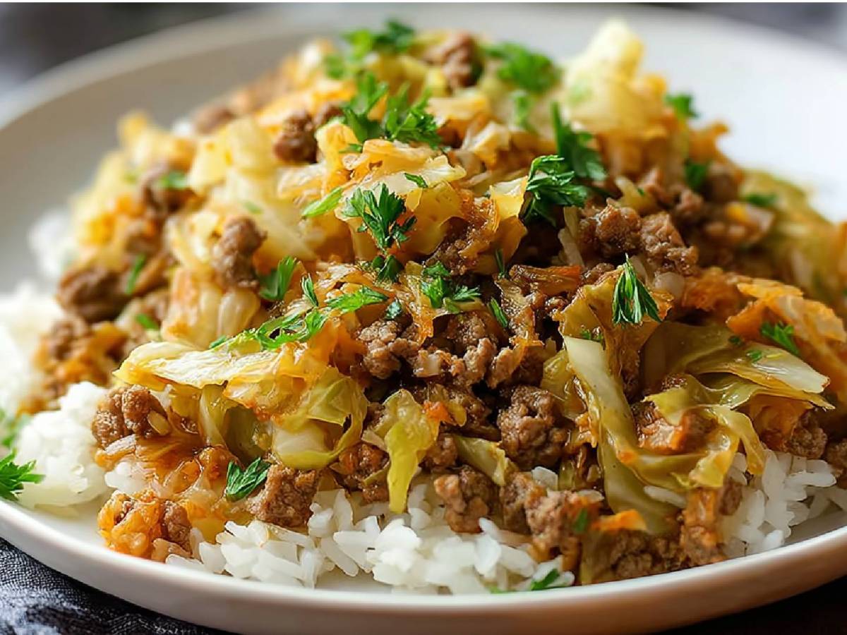 Teller mit Chinakohl-Hackfleisch-Pfanne mit Reis