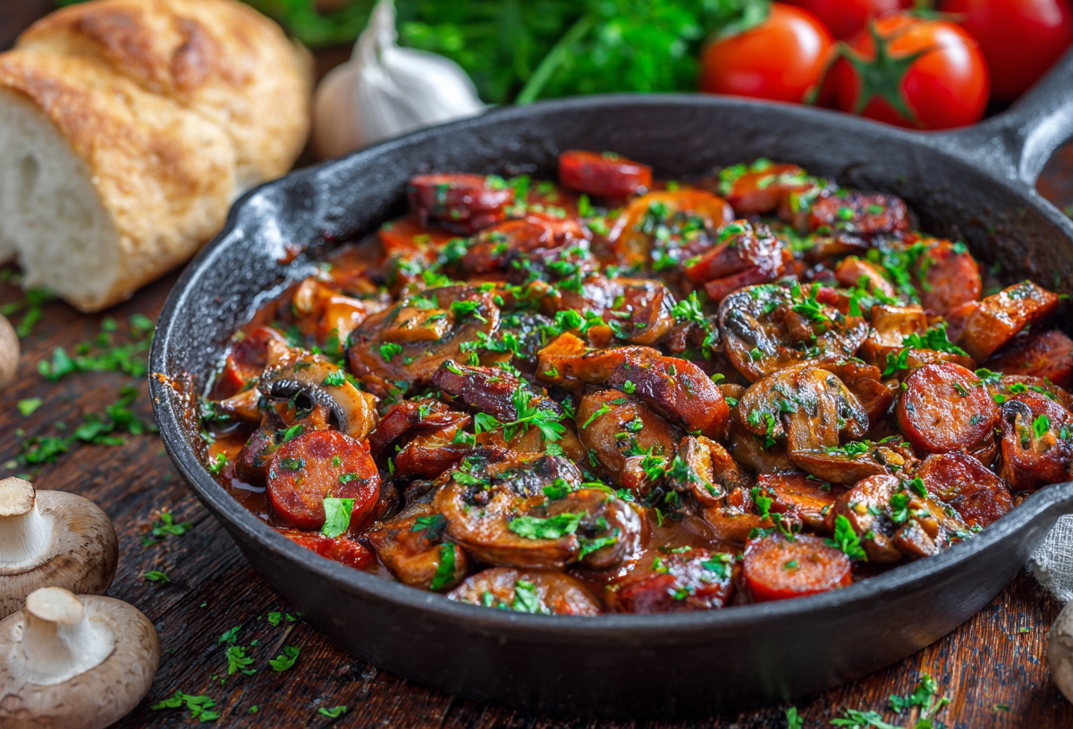 Eine Pfanne voller Chorizo-Champignons. Sie sind mit frischen Kräutern garniert. Um die Pfanne herum liegen verschiedene Zutaten, wie Pilze, Knoblauch, Tomaten, Kräuter und Brot verteilt.