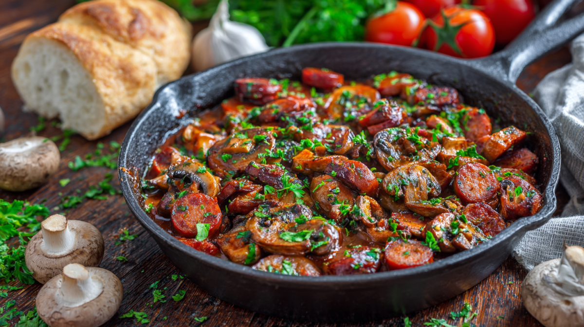 Eine Pfanne voller Chorizo-Champignons. Sie sind mit frischen Kräutern garniert. Um die Pfanne herum liegen verschiedene Zutaten, wie Pilze, Knoblauch, Tomaten, Kräuter und Brot verteilt.