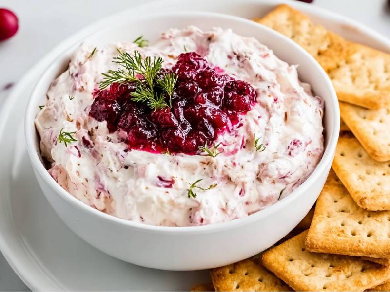 Schale mit Cranberry-Frischkäse-Dip und Cracker daneben