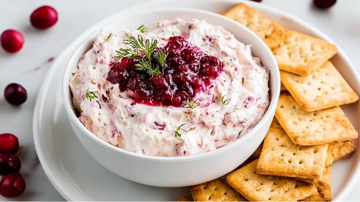 Schale mit Cranberry-Frischkäse-Dip und Cracker daneben