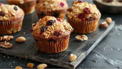 Mehrere Cranberry-Haferflocken-Muffins auf einem Backblech