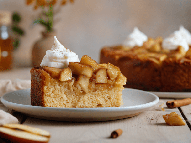 Ein Stück dänischer Apfelkuchen auf einem grauen Teller. Im Hintergrund steht der restliche Kuchen. Das Kuchenstück ist mit Sahne garniert. Darum verteilt liegen einige Apfel- und Zimtstücke. Hinten links sieht man einen Apfel, ein Honigglas und eine Blume in einer Vase.