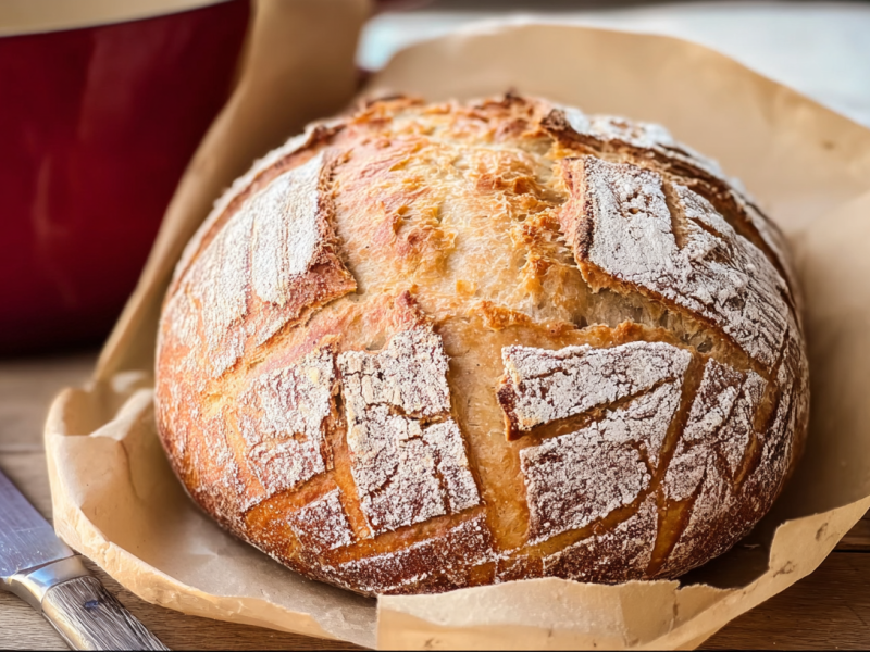 Ein Dinkel-Joghurt-Brot liegt auf Backpapier. Ein Messer daneben und eine gusseiserne Form steht im Hintergrund.