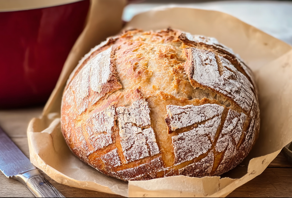 Ein Dinkel-Joghurt-Brot liegt auf Backpapier. Ein Messer daneben und eine gusseiserne Form steht im Hintergrund.