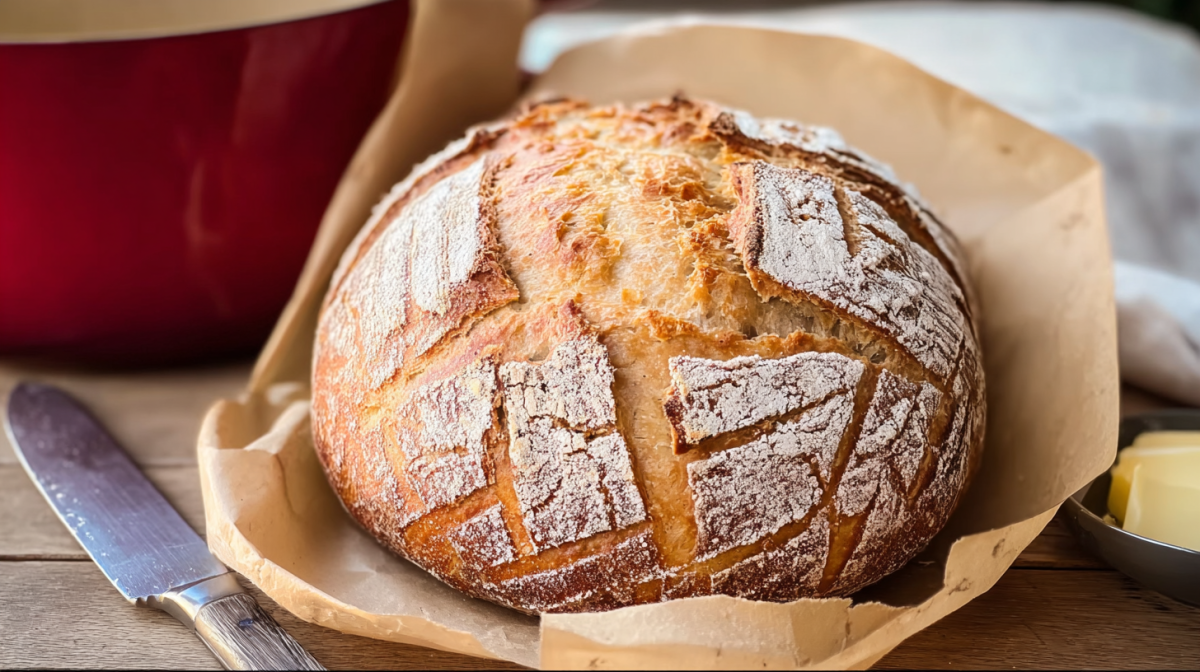 Ein Dinkel-Joghurt-Brot liegt auf Backpapier. Ein Messer daneben und eine gusseiserne Form steht im Hintergrund.