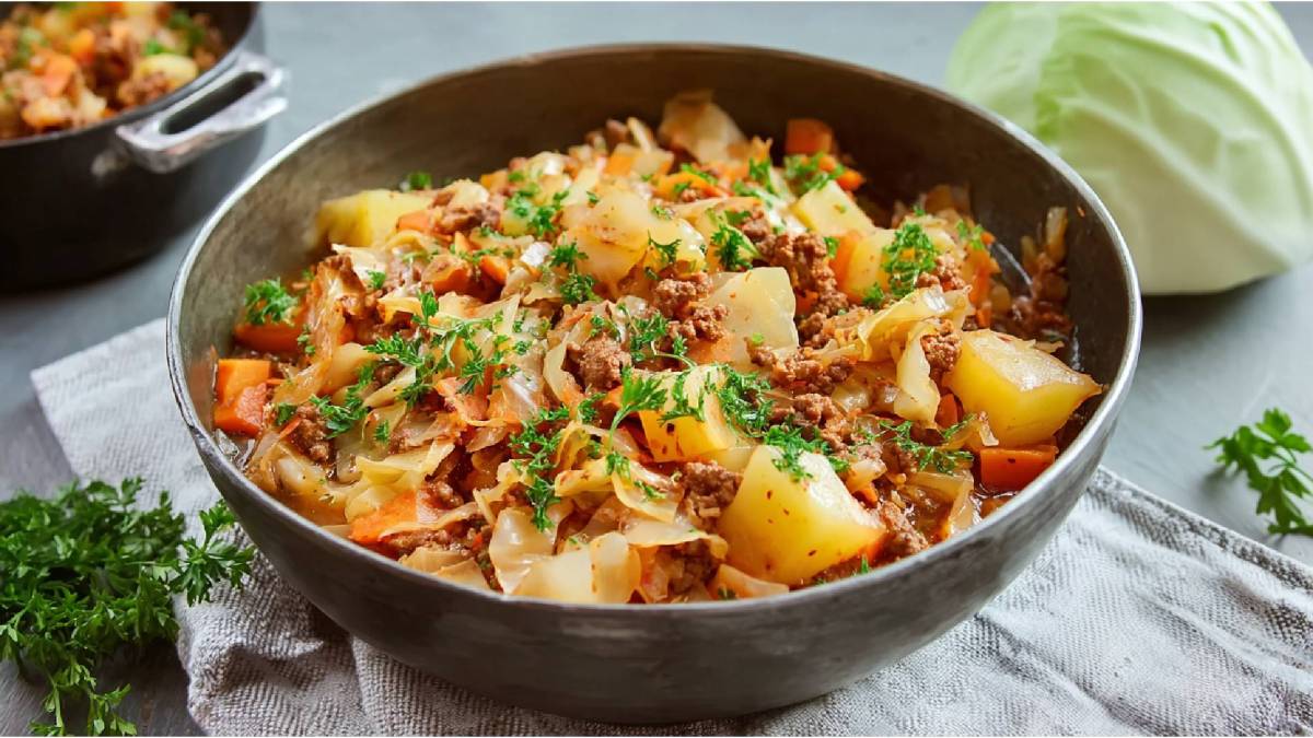 Schale mit Dithmarscher Kohlpfanne, Kohlkopf im Hintergrund
