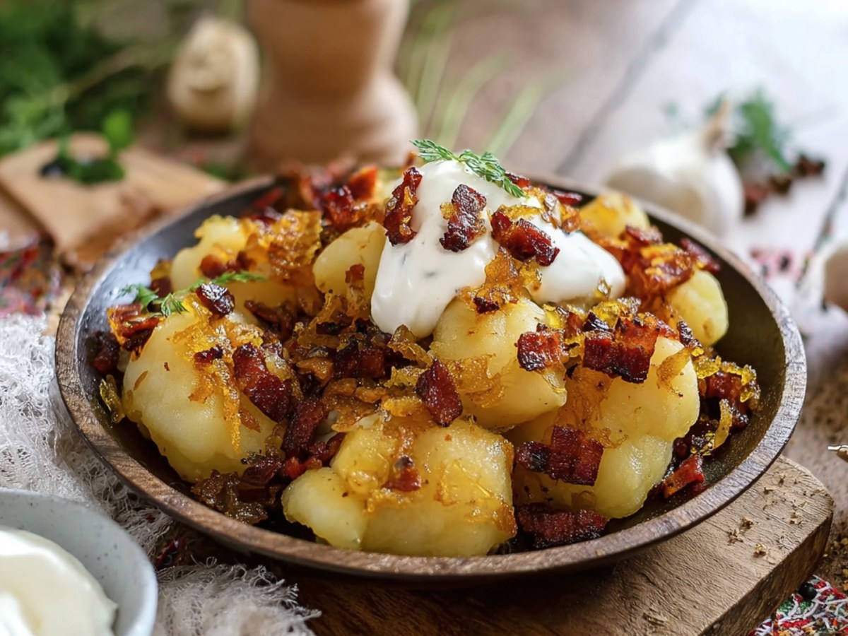 Ein Teller mit Dödölle, die mit knusprigen Speckwürfel und Röstzwiebeln sowie einem Klecks saure Sahne serviert werden. Ringsum kann man Knoblauchknollen, eine Schale mit saurer Sahne, frische Kräuter und Küchenutensilien aus Holz erkennen.