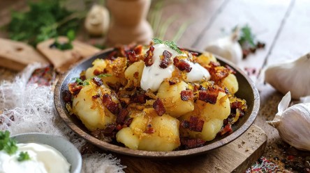 Ein Teller mit Dödölle, die mit knusprigen Speckwürfel und Röstzwiebeln sowie einem Klecks saure Sahne serviert werden. Ringsum kann man Knoblauchknollen, eine Schale mit saurer Sahne, frische Kräuter und Küchenutensilien aus Holz erkennen.