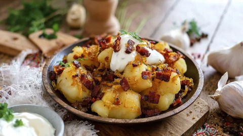 Ein Teller mit Dödölle, die mit knusprigen Speckwürfel und Röstzwiebeln sowie einem Klecks saure Sahne serviert werden. Ringsum kann man Knoblauchknollen, eine Schale mit saurer Sahne, frische Kräuter und Küchenutensilien aus Holz erkennen.