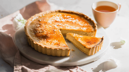 Eine Earl Grey Crème Brûlée Tarte, serviert auf einer Platte. Ein Stück ist angeschnitten. Daneben steht ein Becher Tee. Eine rosa Stoffserviette liegt daneben.