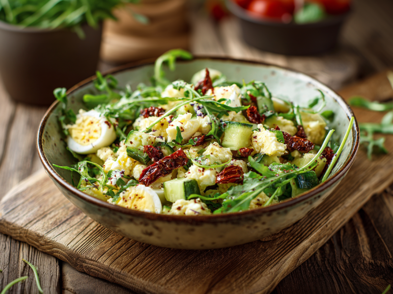 Eine Schüssel Eiersalat mit Rucola steht auf einem Holzbrett auf einem Holztisch. Im Hintergrund sieht man noch zwei Schüsseln mit Rucola und Tomaten,