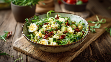 Eine Schüssel Eiersalat mit Rucola steht auf einem Holzbrett auf einem Holztisch. Im Hintergrund sieht man noch zwei Schüsseln mit Rucola und Tomaten,