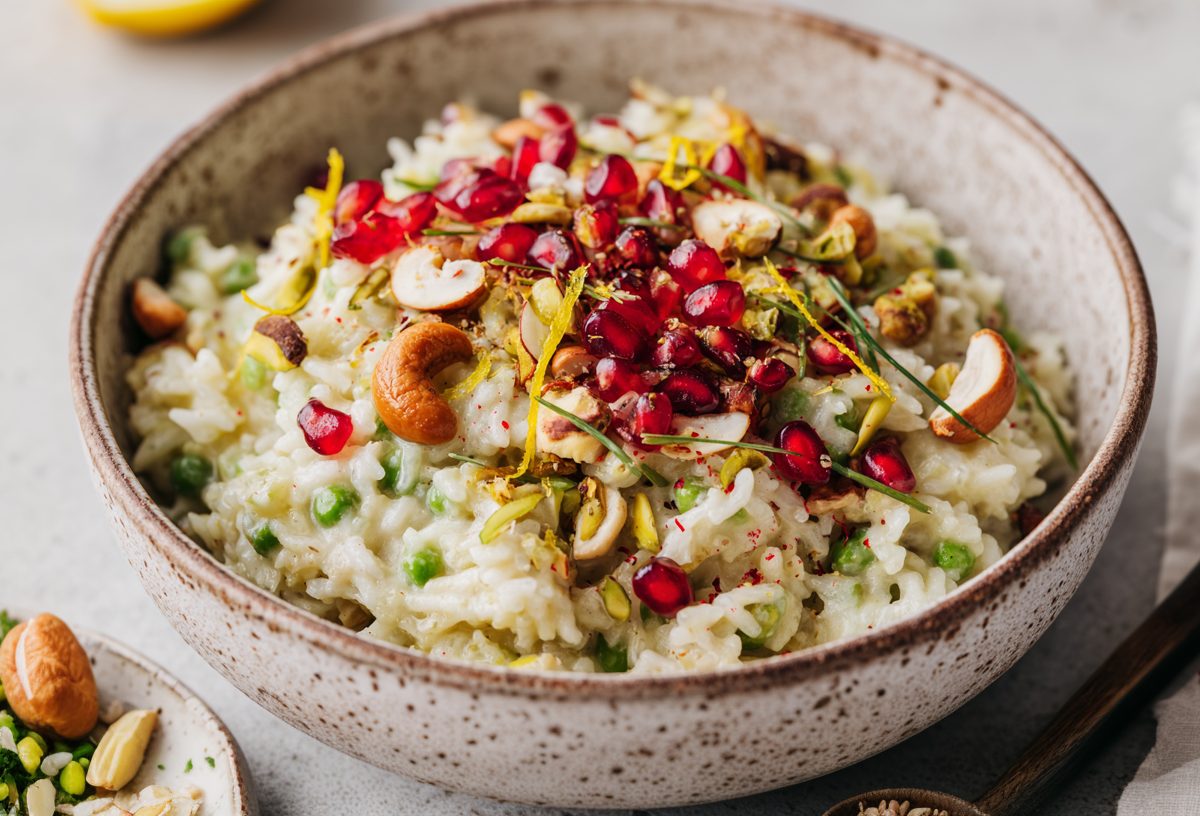 Eine Schale Erbsen-Kokos-Reis auf einem hellen Tisch.