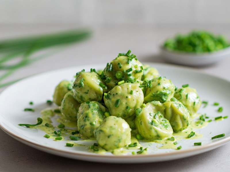 Ein Teller mit einer Portion Erbsen-Pasta mit Frischkäse-Senfsoße. Im Hintergrund kann man einen Bund Schnittlauch und eine Schale mit Erbsen erkennen.