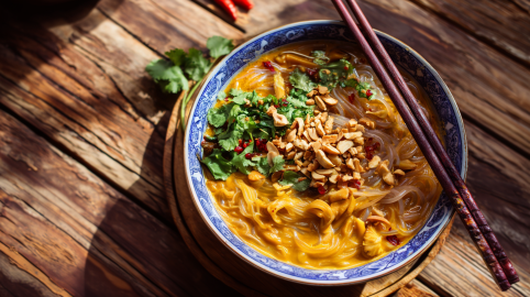 Ein Teller mit Erdnuss-Nudelsuppe mit Austernpilzen auf einem rustikalen Untergrund. Auf dem Teller liegen Essstäbchen.