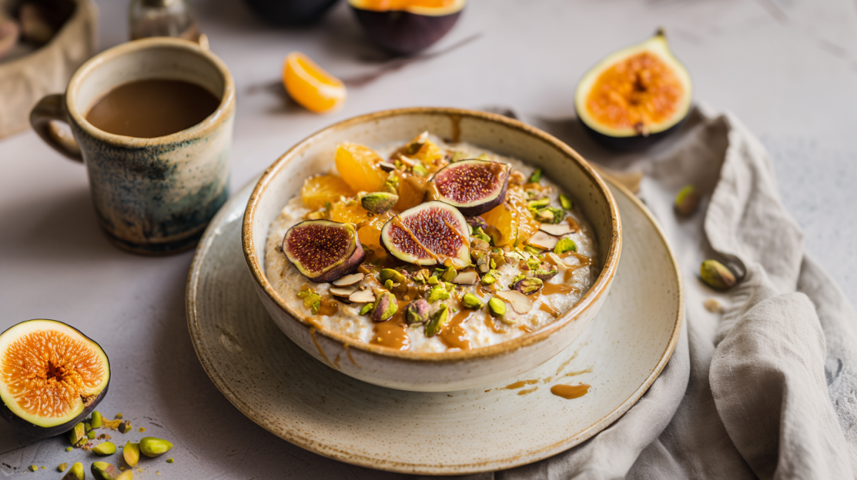 Feigen-Orangen-Porridge in einer Schüssel, auf einem Unterteller. Oben links im Bild steht eine Tasse. Rechts daneben liegt ein Orangenstück. Weiter rechts daneben liegt eine Feige. Unten links im Bild liegt eine weitere Feige mit einigen Pistazienstücken.