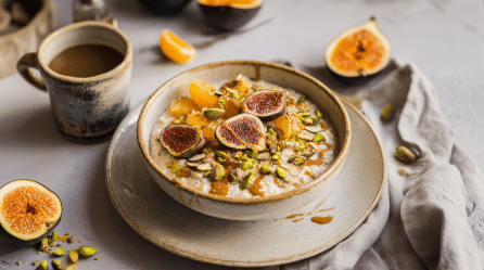 Feigen-Orangen-Porridge in einer Schüssel, auf einem Unterteller. Oben links im Bild steht eine Tasse. Rechts daneben liegt ein Orangenstück. Weiter rechts daneben liegt eine Feige. Unten links im Bild liegt eine weitere Feige mit einigen Pistazienstücken.
