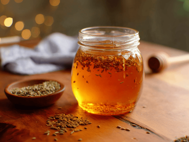 Ein Glas Fenchel-Honig auf einem Holzbrett. Daneben liegen einige Fenchelsamen. Im Hintergrund erkennt man noch einen Stößel.