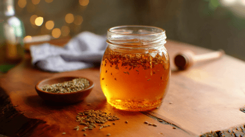 Ein Glas Fenchel-Honig auf einem Holzbrett. Daneben liegen einige Fenchelsamen. Im Hintergrund erkennt man noch einen Stößel.
