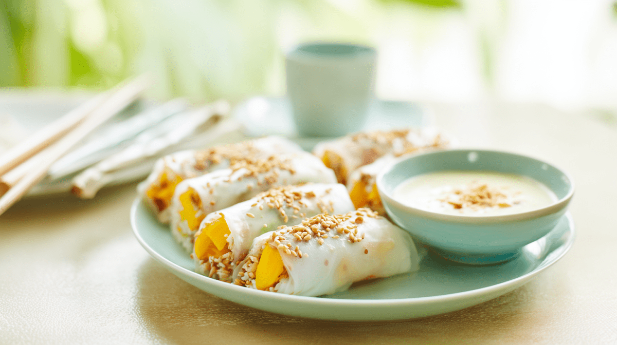 Ein Teller mit Frühlingsrollen mit Mango und Klebreis. Daneben steht eine Schale mit Dip.