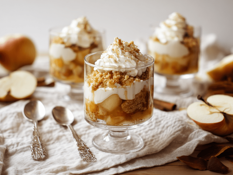 Drei Gläser mit Gammeldags Æblekage auf einem gemütlichen Tisch. Sie stehen auf einem großen Tuch. Im Vordergrund sieht man zwei Löffel neben dem Glas liegen. Überall auf dem Tisch liegen Äpfel verteilt.
