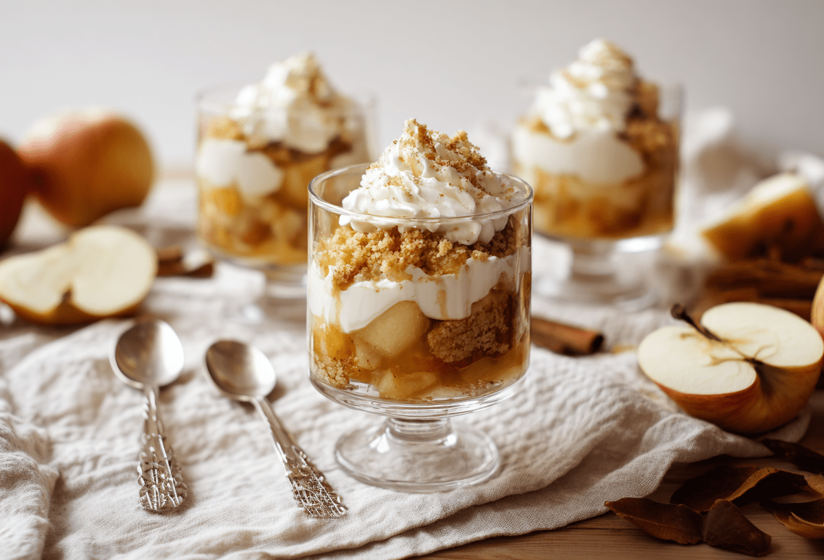 Drei Gläser mit Gammeldags Æblekage auf einem gemütlichen Tisch. Sie stehen auf einem großen Tuch. Im Vordergrund sieht man zwei Löffel neben dem Glas liegen. Überall auf dem Tisch liegen Äpfel verteilt.
