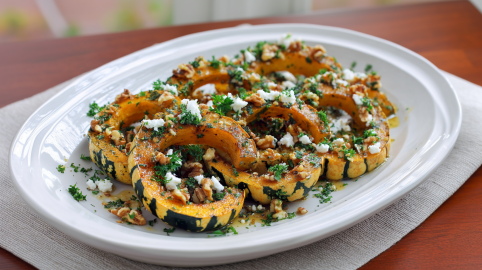 Ein Teller mit geröstetem Sweet Dumpling Kürbis. Er steht auf einer Unterlage auf einem Holztisch.
