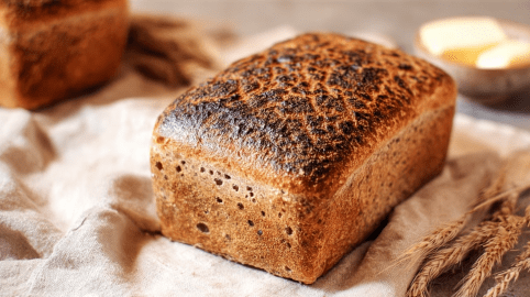 Ein Gersterbrot auf einer hellen Juteunterlage.