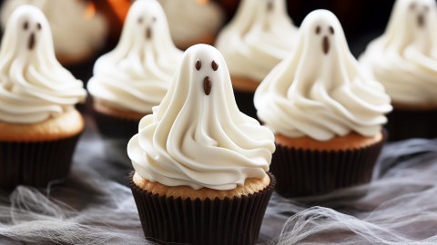 Gespenster-Cupcakes auf einer grauen Unterlage.