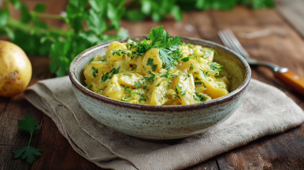 Gestovte Kartoffeln in einer grauen Schale auf einem grauen Leinentuch. Darunter befindet sich ein rustikaler Holztisch. Links im Bild liegt eine Kartoffel. Im Hintergrund sieht man einige frische Kräuter liegen. Rechts hinter der Schale liegt eine Gabel.