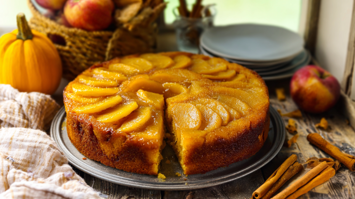 Ein gestürzter Apfel-Kürbis-Kuchen auf einem Teller. Als Dekoration liegen Zimstangen, Äpfel, eine Kürbis sowie eine Stofftischdecke um den Kuchen herum.