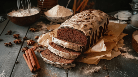 Ein aufgeschnittener Gewürzkuchen mit Zimtglasur. Außen herum liegen Gewürze wie Zimtstangen.