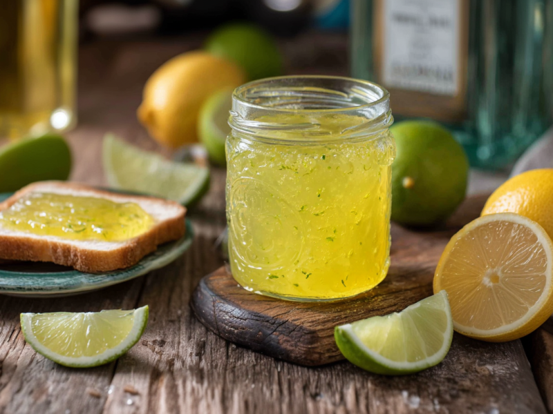 Ein geöffnetes Glas Gin-Tonic-Marmelade steht auf einem Holzbrett. Daneben steht ein Teller mit einem Toastbrot mit Marmelade. Halbierte und ganze Limetten und ZItronen als Deko außen herum.