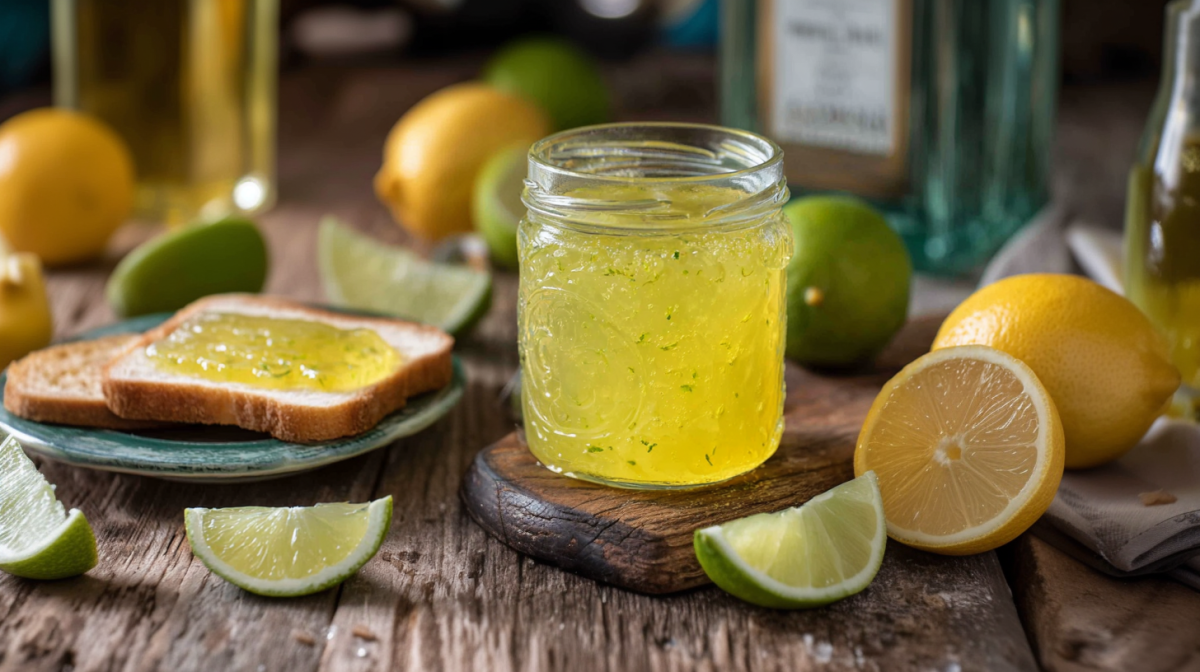 Ein geöffnetes Glas Gin-Tonic-Marmelade steht auf einem Holzbrett. Daneben steht ein Teller mit einem Toastbrot mit Marmelade. Halbierte und ganze Limetten und ZItronen als Deko außen herum.