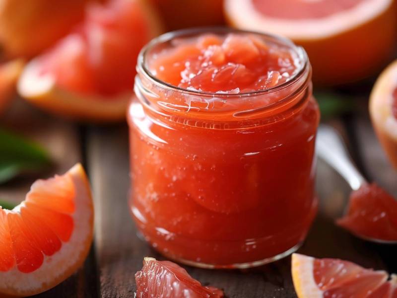 Glas Grapefruit-Marmelade mit frischen Grapefruits daneben