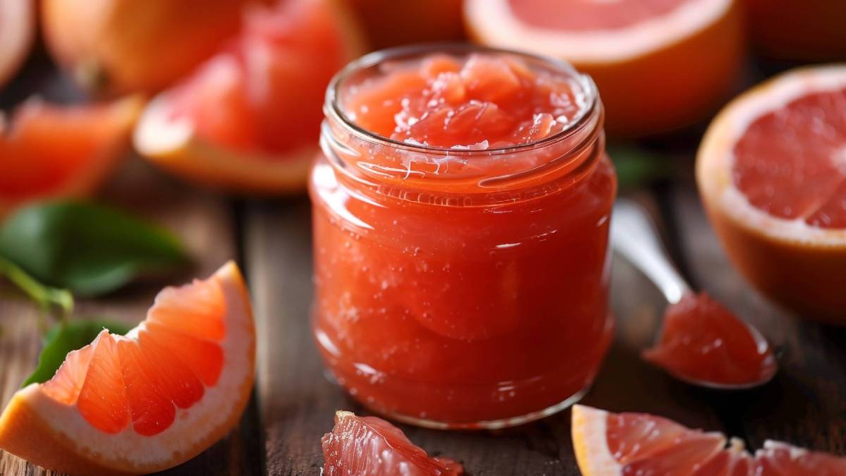 Glas Grapefruit-Marmelade mit frischen Grapefruits daneben