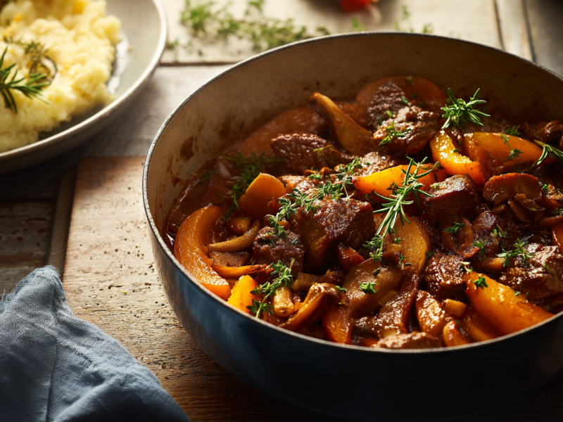 Ein Topf mit Gulasch mit Steinpilzen und Quitten. Im Hintergrund steht eine Schale mit Kartoffelstampf und neben dem Topf liegt eine Stoffserviette.