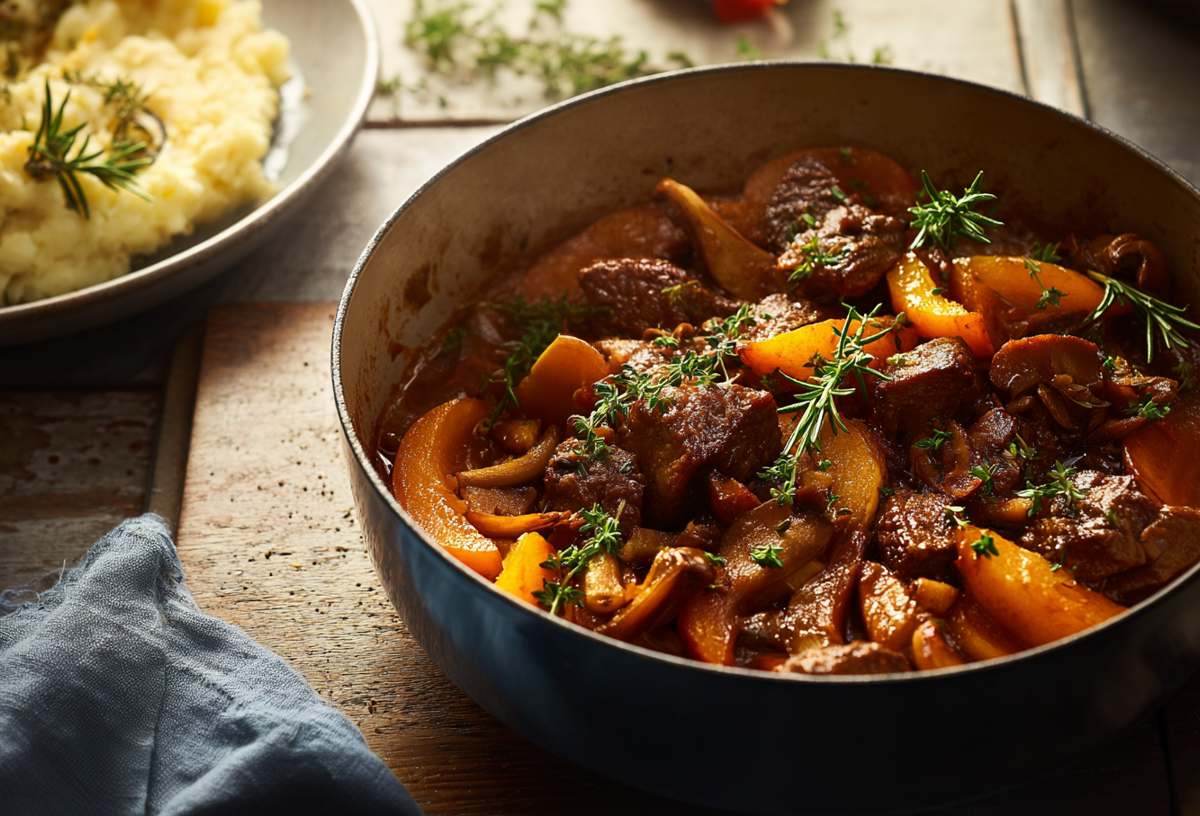 Ein Topf mit Gulasch mit Steinpilzen und Quitten. Im Hintergrund steht eine Schale mit Kartoffelstampf und neben dem Topf liegt eine Stoffserviette.