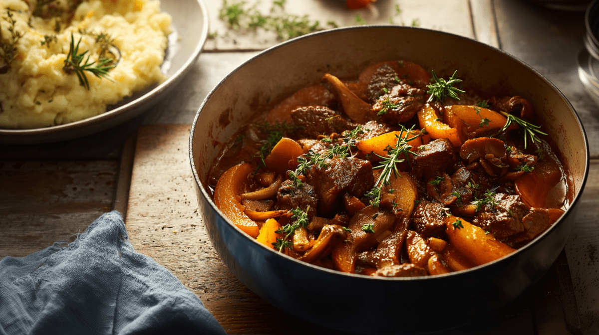 Ein Topf mit Gulasch mit Steinpilzen und Quitten. Im Hintergrund steht eine Schale mit Kartoffelstampf und neben dem Topf liegt eine Stoffserviette.